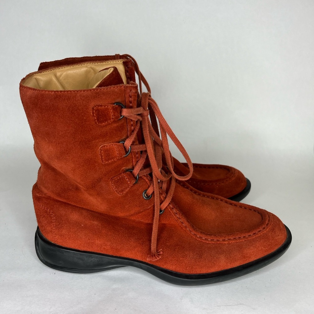 Tods Lace Up Ankle Boots Women Size 36.5 US 6.5 Orange Suede Leather Comfort